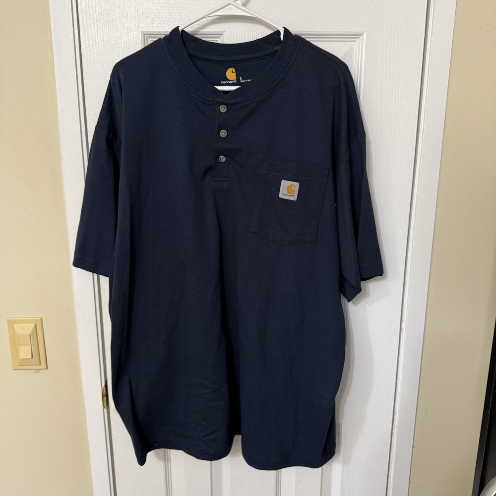CARHARTT Men's T-Shirt Large Navy Henley Pocket Short Sleeve Cotton NWOT